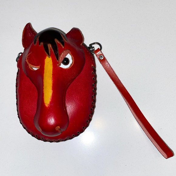 Handmade Red Leather Horse Mini Purse Wallet Winking Comic Zipper Handle - Picture 1 of 6